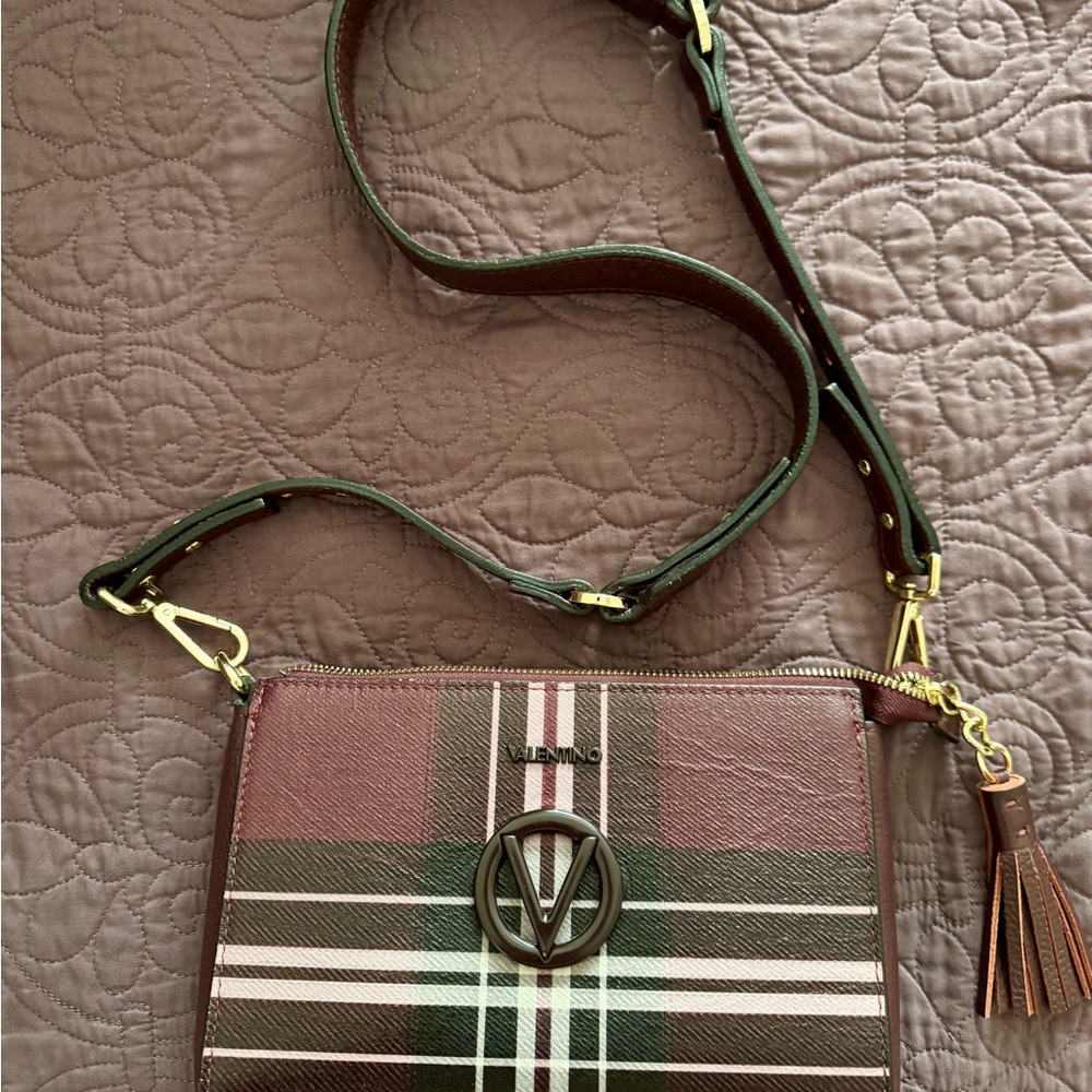 Mario Valentino Spa Plaid Crossbody Bag in Burgundy and Black